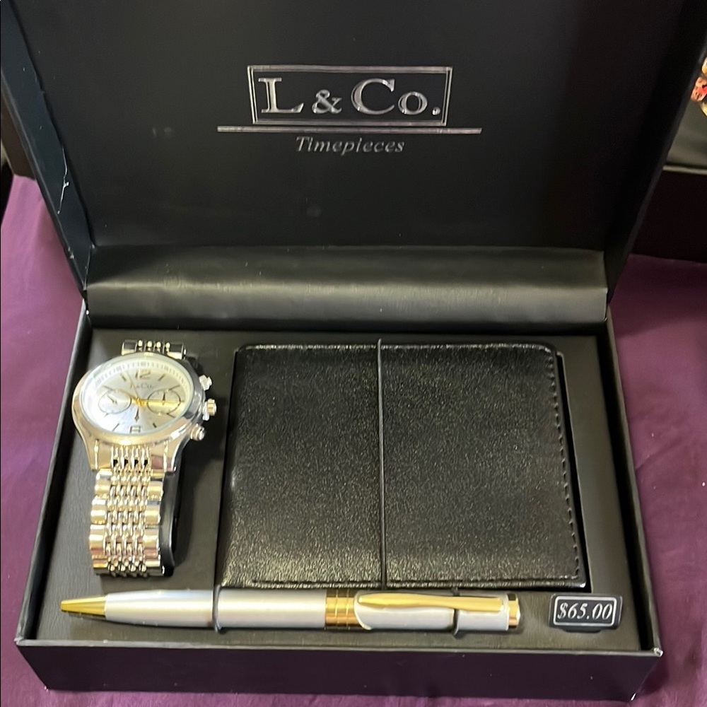 L & Co Silver and Black Watch Set with Accessories